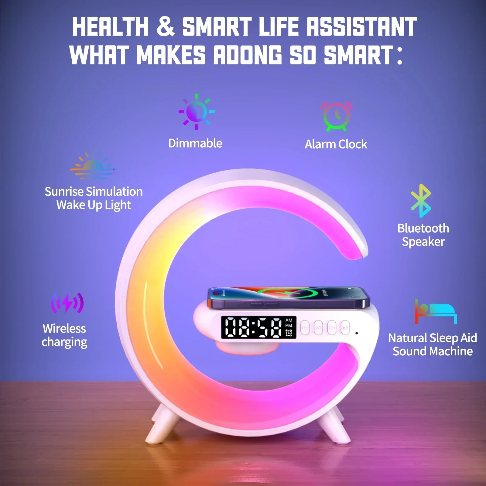Soporte de cargador inal&aacute;mbrico multifunci&oacute;n, altavoz despertador con luz RGB para iPhone, Samsung, Xiaomi, Mini estaci&oacute;n de carga r&aacute;pida