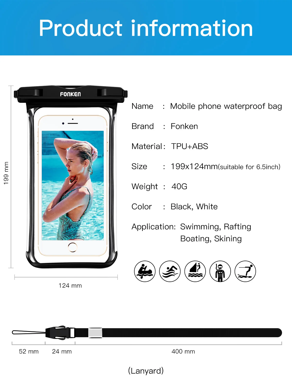FONKEN-funda impermeable de vista completa para tel&eacute;fono, funda grande para tel&eacute;fono m&oacute;vil bajo el agua, nieve, selva tropical, bolsa seca transparente, nataci&oacute;n