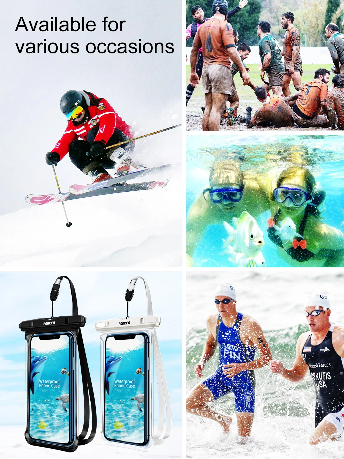 FONKEN-funda impermeable de vista completa para tel&eacute;fono, funda grande para tel&eacute;fono m&oacute;vil bajo el agua, nieve, selva tropical, bolsa seca transparente, nataci&oacute;n