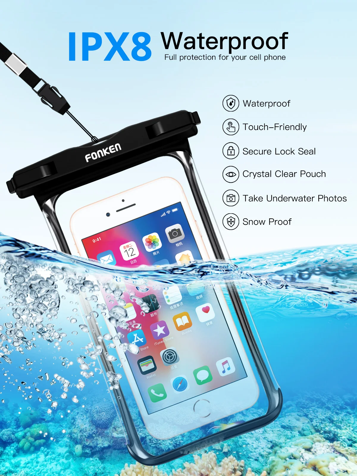 FONKEN-funda impermeable de vista completa para tel&eacute;fono, funda grande para tel&eacute;fono m&oacute;vil bajo el agua, nieve, selva tropical, bolsa seca transparente, nataci&oacute;n