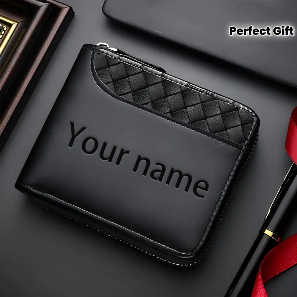 Cartera de Cuero Sint&eacute;tico de Lujo Personalizada para Hombre, con Grabado en Relieve, Cuerpo de Cuero Sint&eacute;tico Negro Liso, Cierre de Cremallera, M&uacute;ltiples Ranuras para Tarjetas