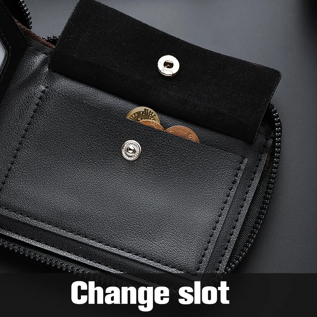Cartera de Cuero Sint&eacute;tico de Lujo Personalizada para Hombre, con Grabado en Relieve, Cuerpo de Cuero Sint&eacute;tico Negro Liso, Cierre de Cremallera, M&uacute;ltiples Ranuras para Tarjetas