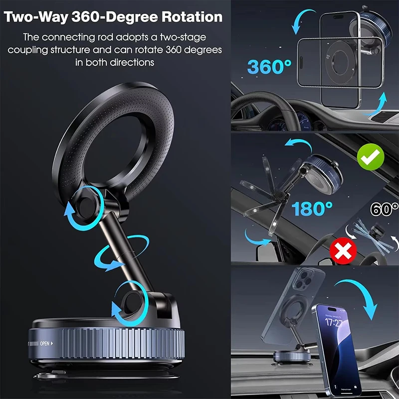Soporte Magn&eacute;tico para Tel&eacute;fono de Coche, Plegable, Dise&ntilde;o Magsafe, 360&deg; &deg; Soporte de Vac&iacute;o Ajustable para Coche/Escritorio/Ba&ntilde;o/Uso Universal, Met&aacute;lico