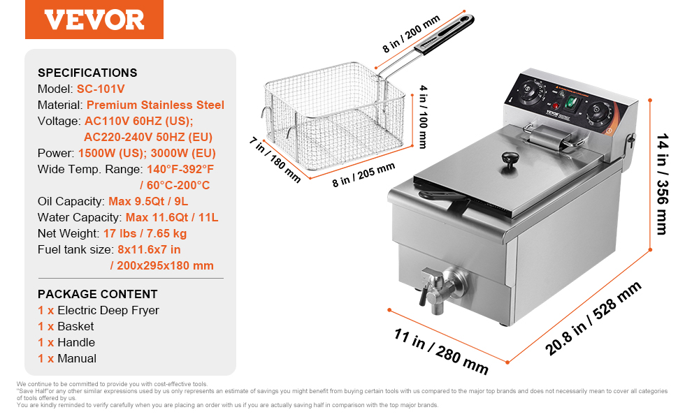 SucceBuy Freidora comercial Freidora el&eacute;ctrica de encimera con cesta Freidora de un solo aceite de acero inoxidable de 11,6 cuartos con control de tiempo y temperatura