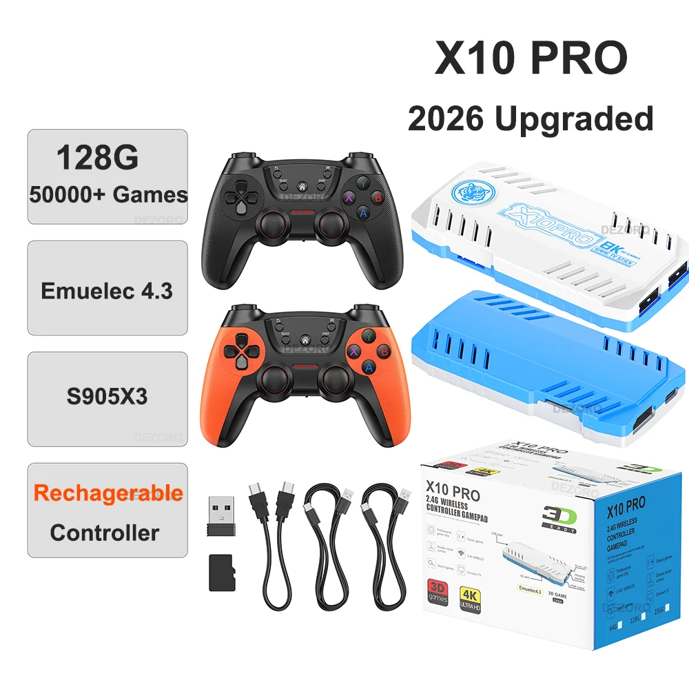 X10 Pro 2026 128G 50000 Juegos Retro, Consola de Videojuegos Recargable con 50 Emuladores, X10 Pro Game Stick 4K