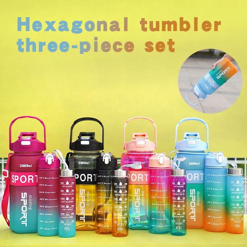 Juego de botella de agua Hexagonal de 3 piezas, gran capacidad, Color degradado, deportes al aire libre, port&aacute;til, doble bebida para estilo de vida activo