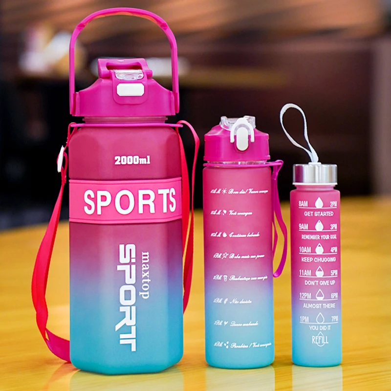 Juego de botella de agua Hexagonal de 3 piezas, gran capacidad, Color degradado, deportes al aire libre, port&aacute;til, doble bebida para estilo de vida activo