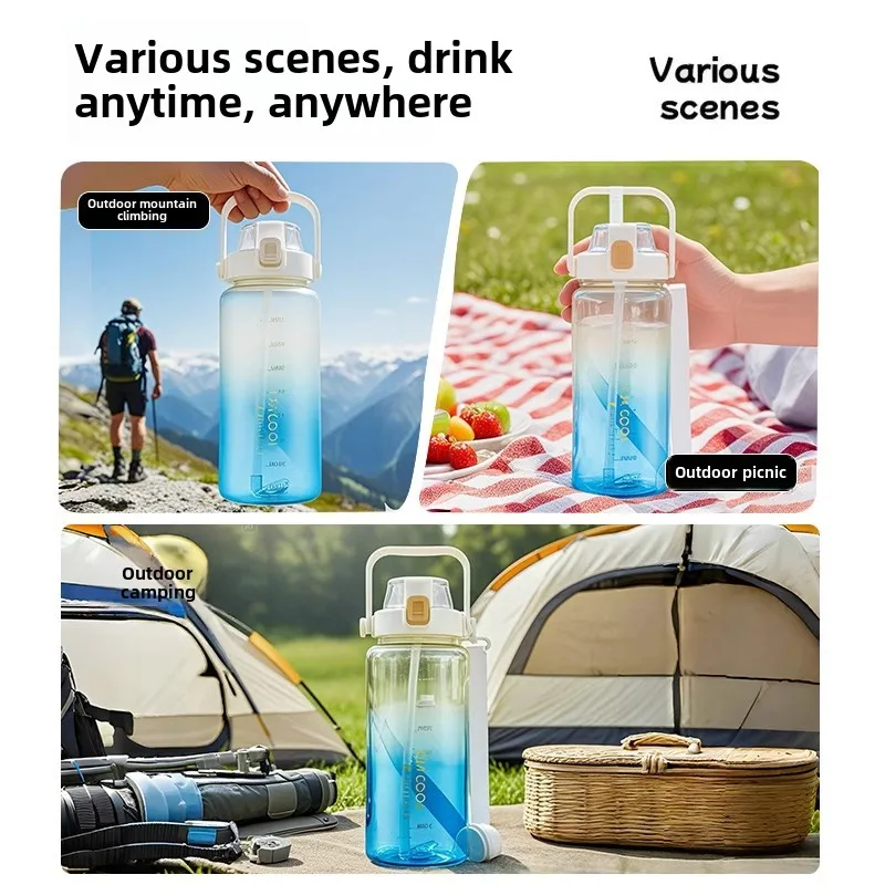 Botella de agua de 1.5/2 litros, botella deportiva de pl&aacute;stico port&aacute;til con correa de pajita, vaso grande para gimnasio, viaje, botella de jugo, libre de BPA