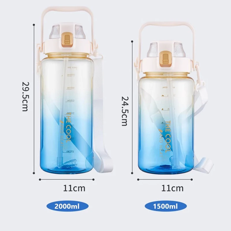 Botella de agua de 1.5/2 litros, botella deportiva de pl&aacute;stico port&aacute;til con correa de pajita, vaso grande para gimnasio, viaje, botella de jugo, libre de BPA