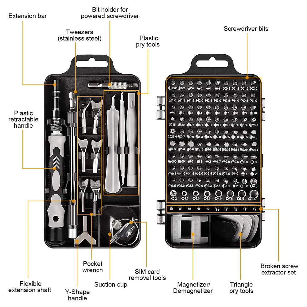 Juego de destornilladores 25/115/135/140 en 1, Kit de puntas de tornillo Phillips Torx magn&eacute;tico con llave removedora el&eacute;ctrica, herramientas de reparaci&oacute;n de tel&eacute;fono y PC