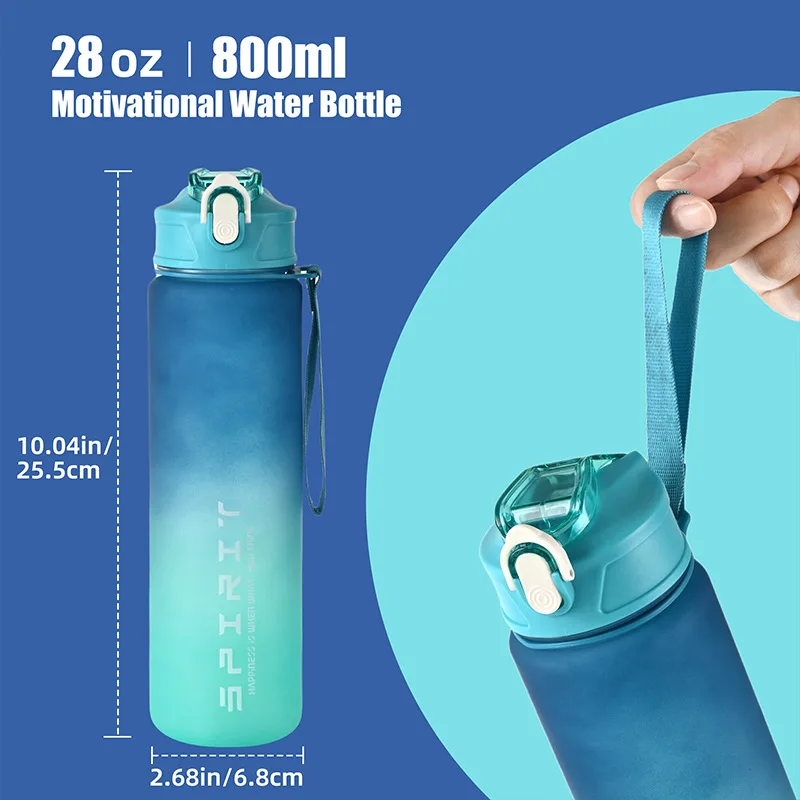 Botella de agua deportiva con pajita de seguimiento de tiempo, cubierta abatible con bloqueo a prueba de fugas para f&aacute;cil transporte, Ideal para aventuras al aire libre