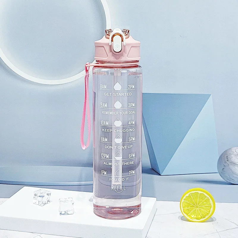Botella de agua deportiva con pajita de seguimiento de tiempo, cubierta abatible con bloqueo a prueba de fugas para f&aacute;cil transporte, Ideal para aventuras al aire libre