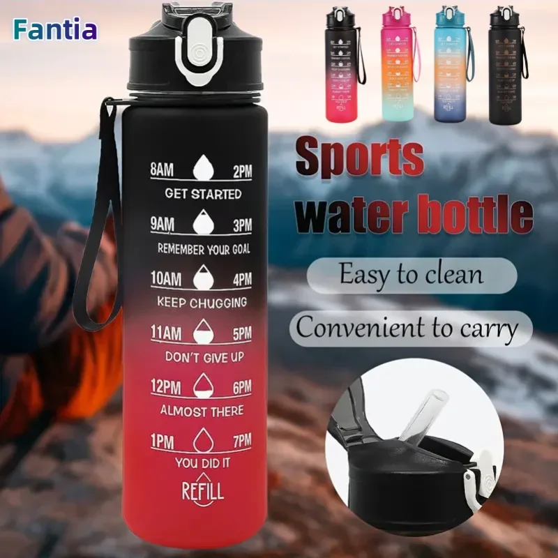 Botella de agua deportiva con pajita de seguimiento de tiempo, cubierta abatible con bloqueo a prueba de fugas para f&aacute;cil transporte, Ideal para aventuras al aire libre