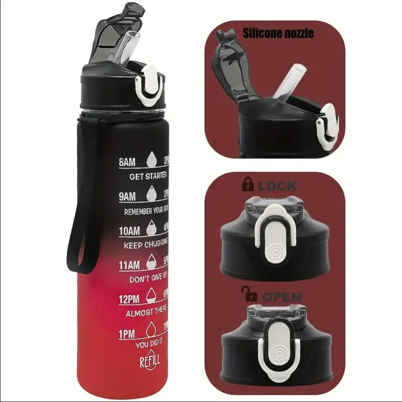 Botella de agua deportiva con pajita de seguimiento de tiempo, cubierta abatible con bloqueo a prueba de fugas para f&aacute;cil transporte, Ideal para aventuras al aire libre