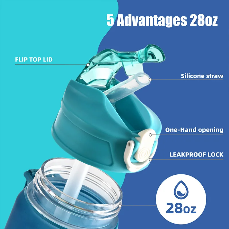 Botella de agua deportiva con pajita de seguimiento de tiempo, cubierta abatible con bloqueo a prueba de fugas para f&aacute;cil transporte, Ideal para aventuras al aire libre