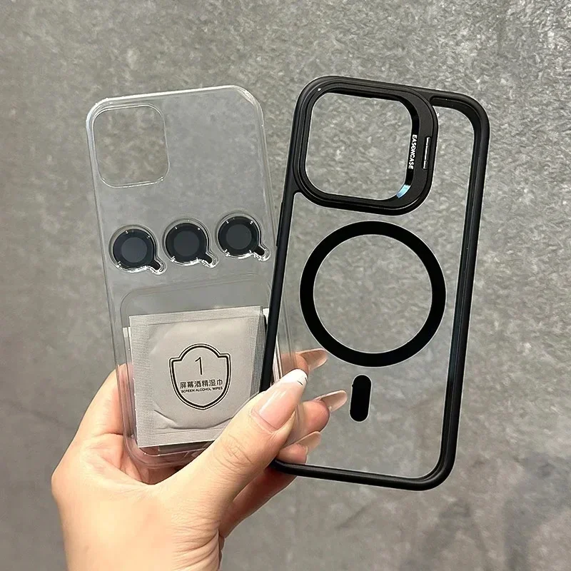 Funda de tel&eacute;fono magn&eacute;tica de lujo a prueba de golpes para iPhone 16, 15, 14, 13, 12, 11, 17 Pro Max, Funda protectora de lente de cristal con soporte Magsafe