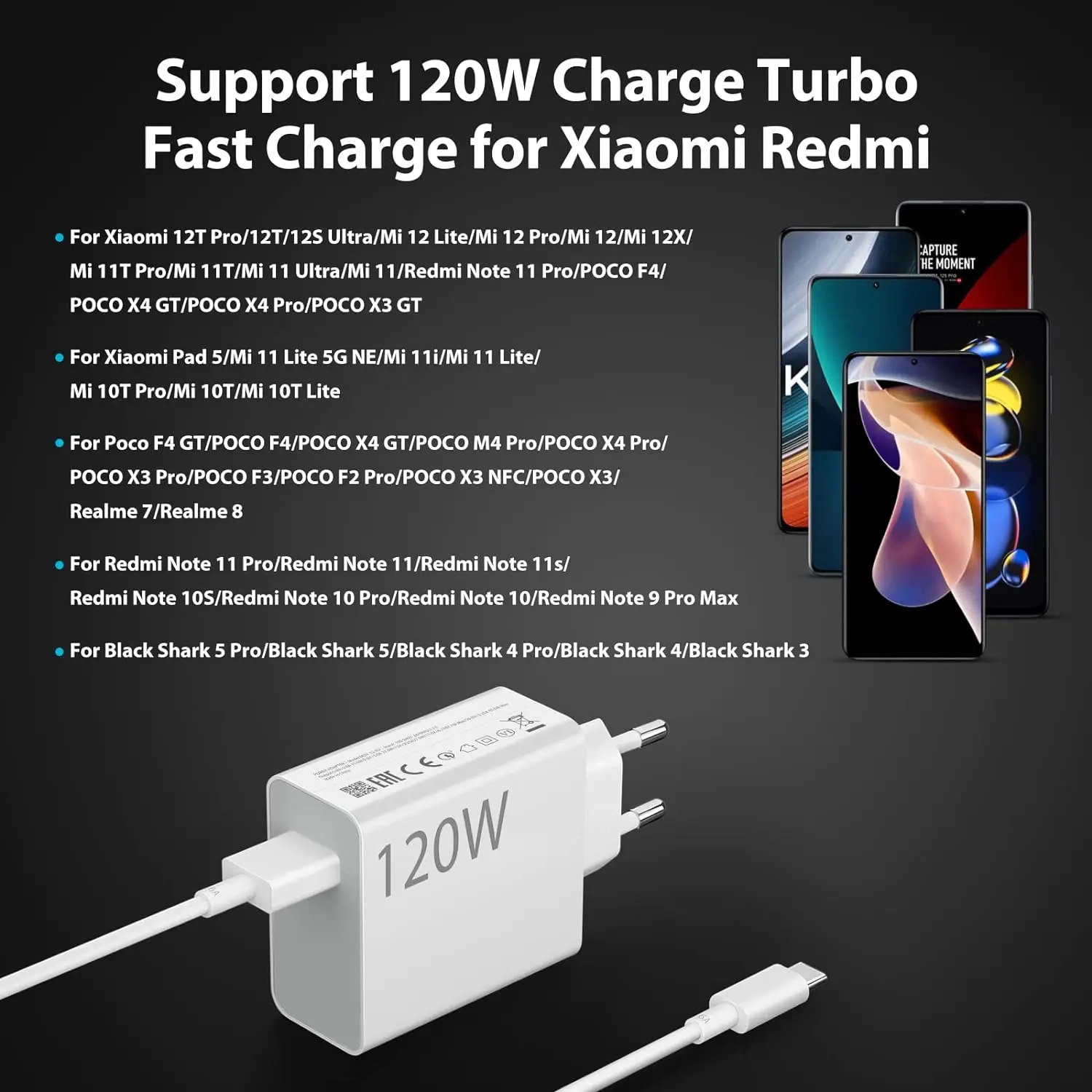 Cargador de pared USB r&aacute;pido 6A 120W EU para Xiaomi 11 12 13 14 15 Ultra Redmi Note 11T 12 13 POCO F6 X5 Pro, cable de carga turbo tipo C