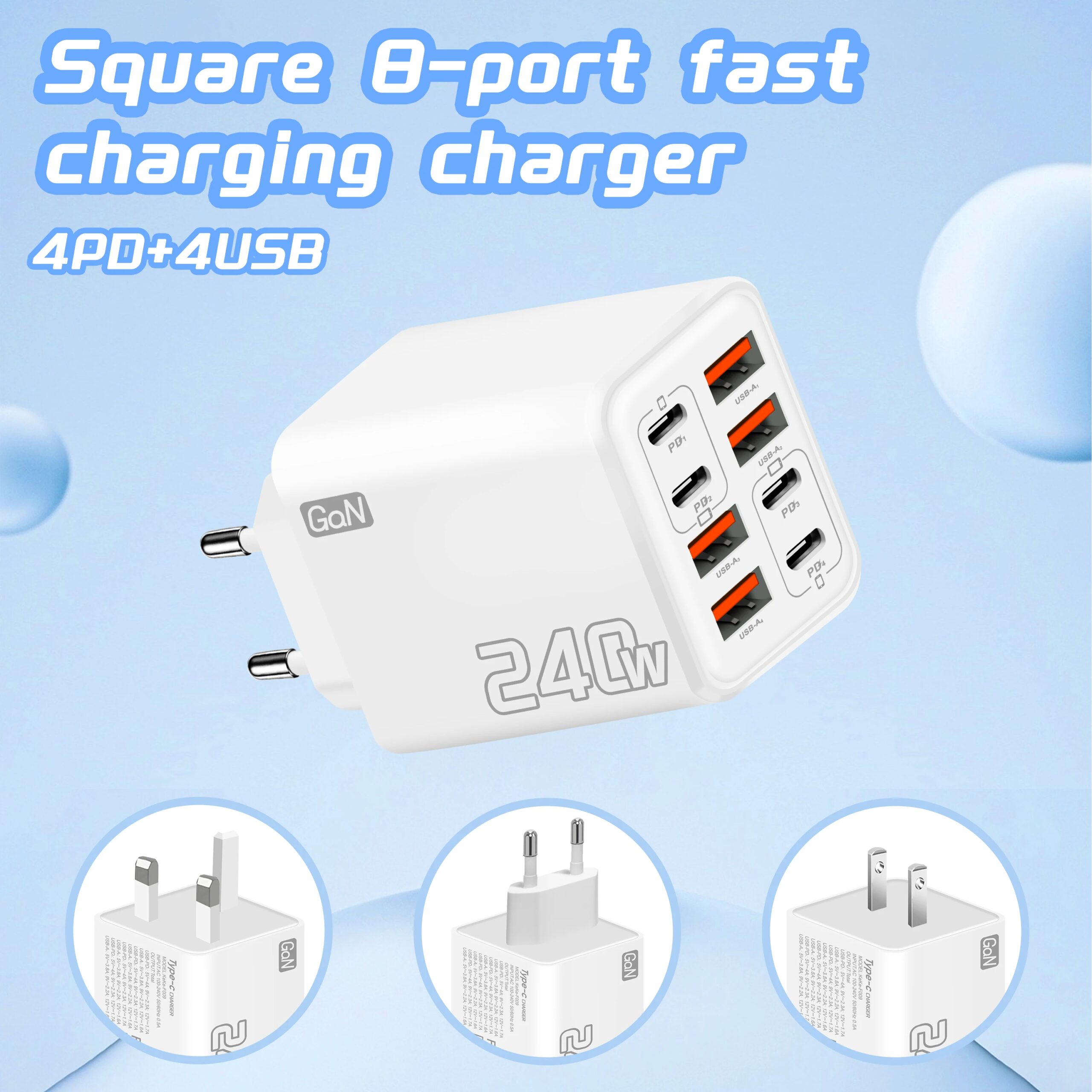 Cargador USB C Gan de 240w, 8 en 1, Cargador R&aacute;pido para Tel&eacute;fono, Adaptador de Corriente para iPhone, Samsung, Xiaomi, Tipo C, Enchufe Europeo/Estadounidense, Cargador de Pared