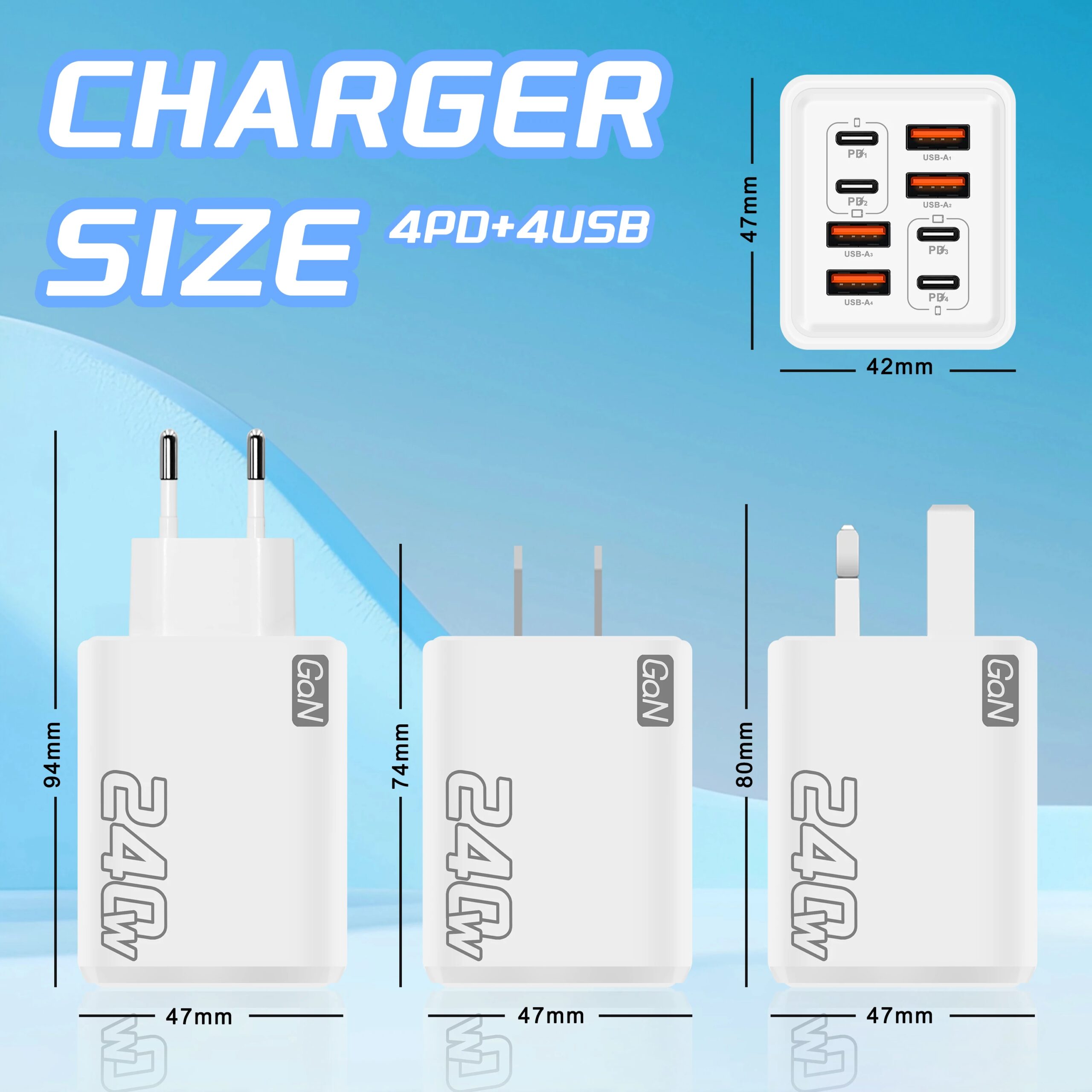 Cargador USB C Gan de 240w, 8 en 1, Cargador R&aacute;pido para Tel&eacute;fono, Adaptador de Corriente para iPhone, Samsung, Xiaomi, Tipo C, Enchufe Europeo/Estadounidense, Cargador de Pared