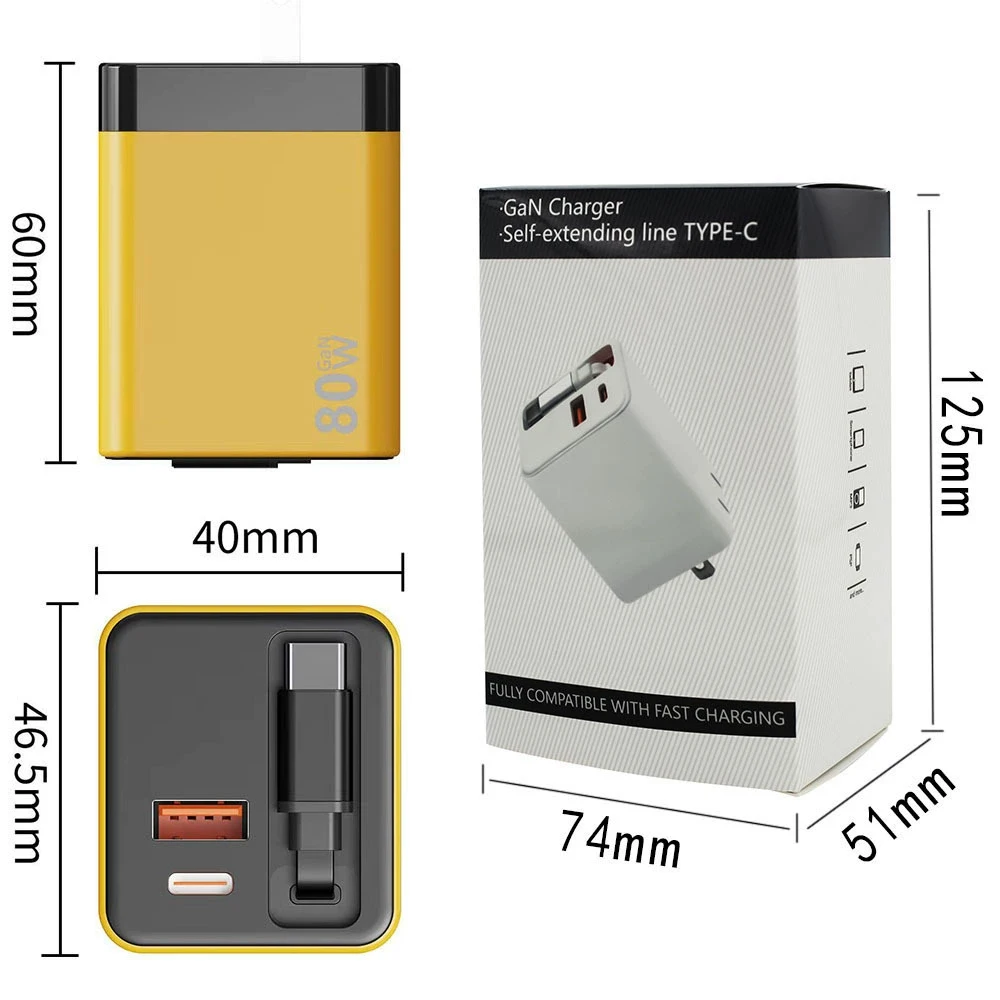 Cargador USB de 80W con Cable Tipo C Retr&aacute;ctil, Cargador USB C para iPhone 16 15 Huawei iPad Laptop, Cargador R&aacute;pido para Tel&eacute;fono M&oacute;vil Tipo C