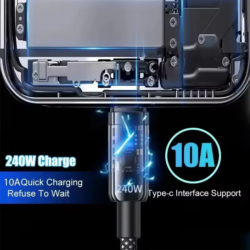 Cable de carga r&aacute;pida tipo C de 240W, trenzado de nailon con luz LED, Cable de carga de alta velocidad para iphone, Samsung, Huawei, Cable de datos duradero