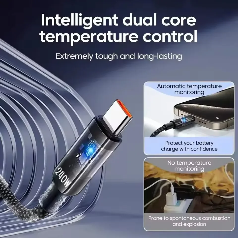 Cable de carga r&aacute;pida tipo C de 240W, trenzado de nailon con luz LED, Cable de carga de alta velocidad para iphone, Samsung, Huawei, Cable de datos duradero