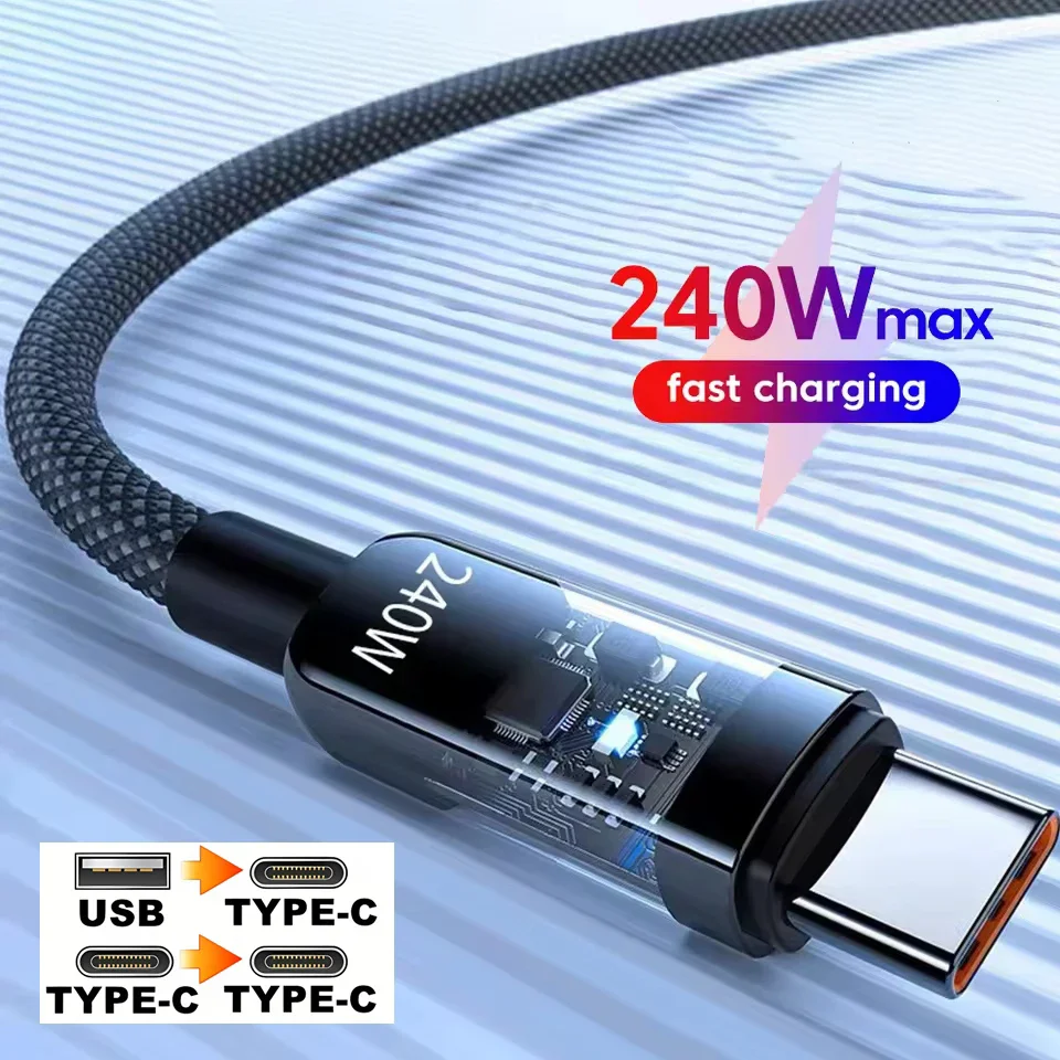 Cable de carga r&aacute;pida tipo C de 240W, trenzado de nailon con luz LED, Cable de carga de alta velocidad para iphone, Samsung, Huawei, Cable de datos duradero