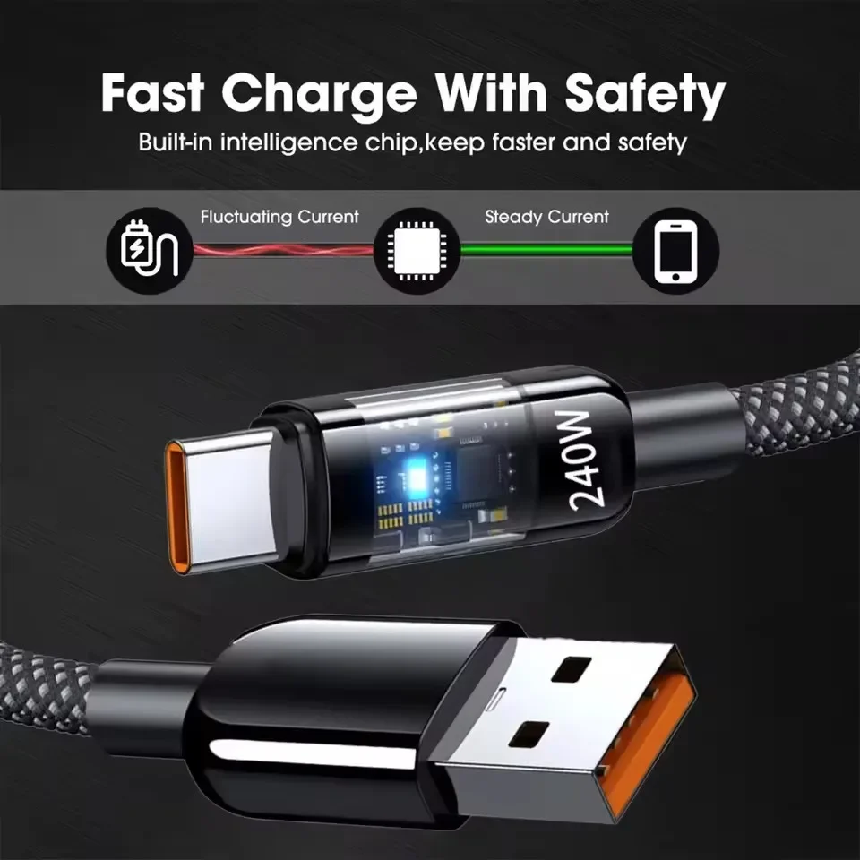 Cable de carga r&aacute;pida tipo C de 240W, trenzado de nailon con luz LED, Cable de carga de alta velocidad para iphone, Samsung, Huawei, Cable de datos duradero
