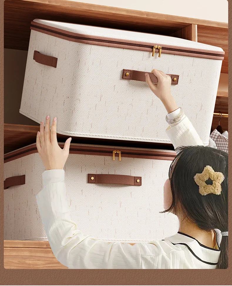 Caja de almacenamiento grande para el hogar, caja organizadora de almacenamiento con cremallera de lino y algod&oacute;n de carcasa dura resistente con tapa para ropa, juguetes, mantas