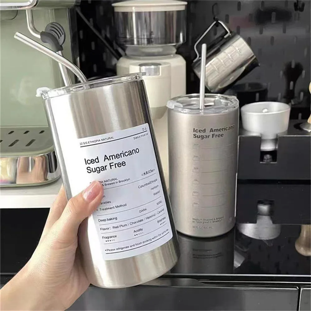 Taza Termo portátil de 600ml, taza de café de acero inoxidable 304, botella de agua térmica a prueba de fugas con pajita, botella aislada, artículos para beber Taza Termo portátil de 600ml, taza de café de acero inoxidable 304, botella de agua térmica a prueba de fugas con pajita, botella aislada, artículos para beber