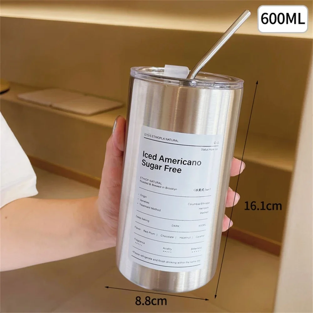 Taza Termo portátil de 600ml, taza de café de acero inoxidable 304, botella de agua térmica a prueba de fugas con pajita, botella aislada, artículos para beber Taza Termo portátil de 600ml, taza de café de acero inoxidable 304, botella de agua térmica a prueba de fugas con pajita, botella aislada, artículos para beber