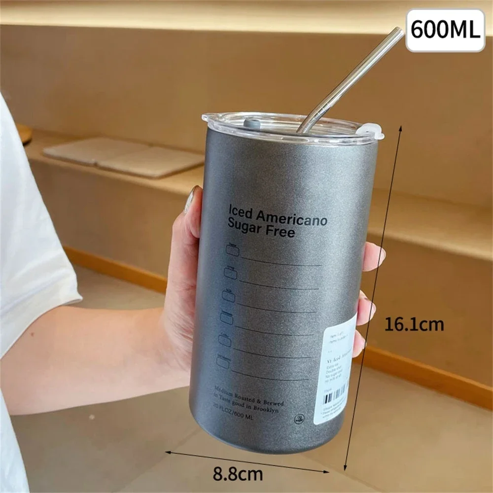 Taza Termo portátil de 600ml, taza de café de acero inoxidable 304, botella de agua térmica a prueba de fugas con pajita, botella aislada, artículos para beber Taza Termo portátil de 600ml, taza de café de acero inoxidable 304, botella de agua térmica a prueba de fugas con pajita, botella aislada, artículos para beber