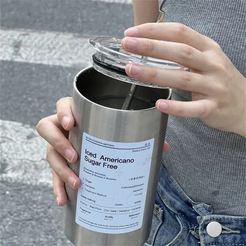 Taza Termo portátil de 600ml, taza de café de acero inoxidable 304, botella de agua térmica a prueba de fugas con pajita, botella aislada, artículos para beber Taza Termo portátil de 600ml, taza de café de acero inoxidable 304, botella de agua térmica a prueba de fugas con pajita, botella aislada, artículos para beber
