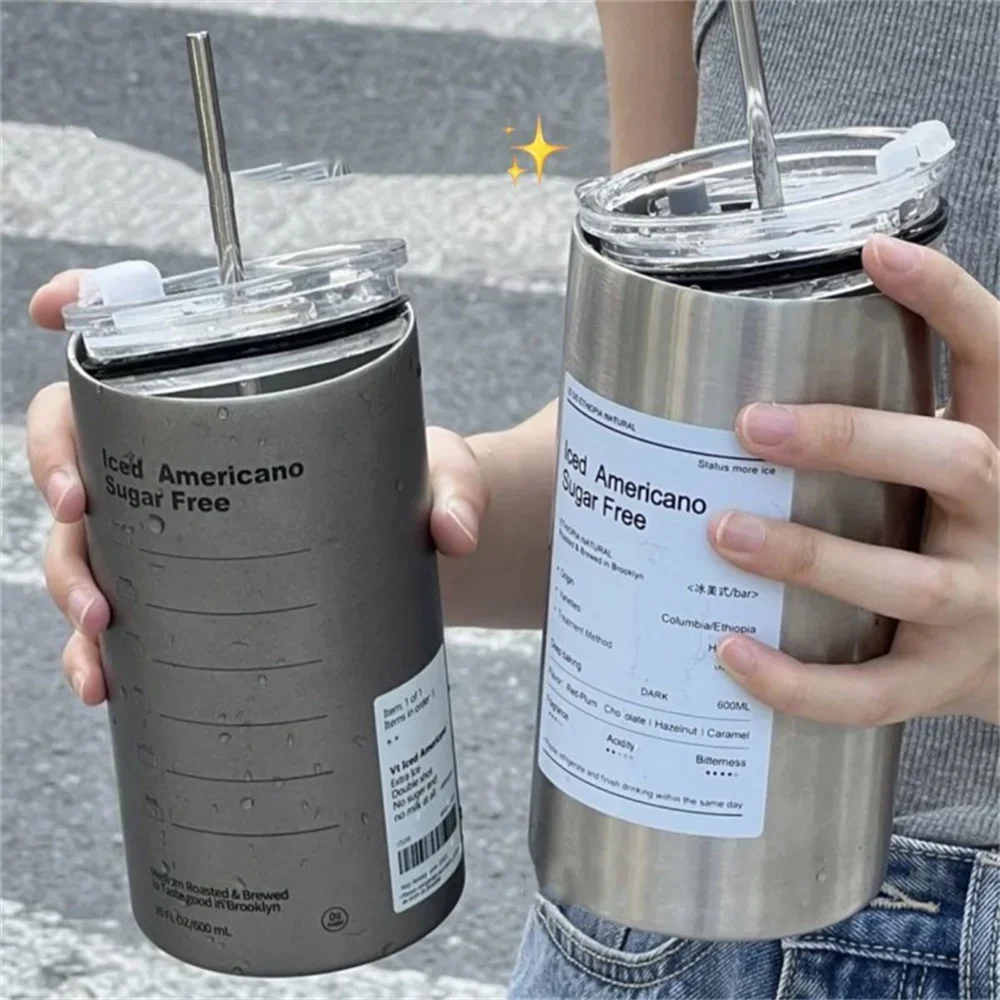 Taza Termo portátil de 600ml, taza de café de acero inoxidable 304, botella de agua térmica a prueba de fugas con pajita, botella aislada, artículos para beber Taza Termo portátil de 600ml, taza de café de acero inoxidable 304, botella de agua térmica a prueba de fugas con pajita, botella aislada, artículos para beber