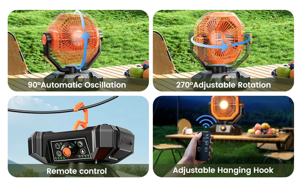 Ventilador de Camping de 20000mAh con Linterna LED, Ventilador de Escritorio de 8 Velocidades con Control Remoto, Ventilador Port&aacute;til para Exteriores con Gancho para Tiendas de Campa&ntilde;a, Cortes de Ener