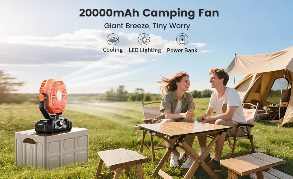 Ventilador de Camping de 20000mAh con Linterna LED, Ventilador de Escritorio de 8 Velocidades con Control Remoto, Ventilador Port&aacute;til para Exteriores con Gancho para Tiendas de Campa&ntilde;a, Cortes de Ener