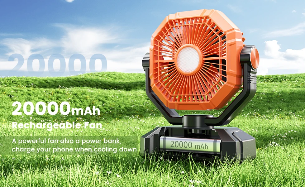 Ventilador de Camping de 20000mAh con Linterna LED, Ventilador de Escritorio de 8 Velocidades con Control Remoto, Ventilador Port&aacute;til para Exteriores con Gancho para Tiendas de Campa&ntilde;a, Cortes de Ener