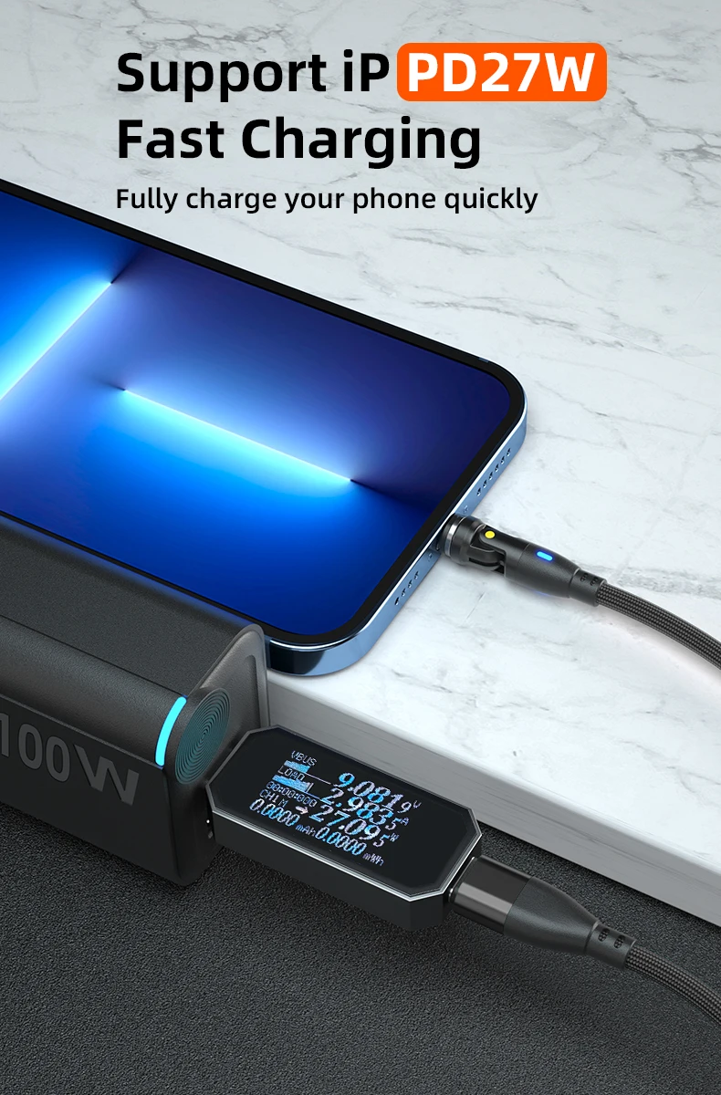 AUFU 100W Cable magn&eacute;tico USB tipo C 5A Cable Micro tipo C de carga r&aacute;pida para Macbook Samsung para iPhone Cable cargador magn&eacute;tico