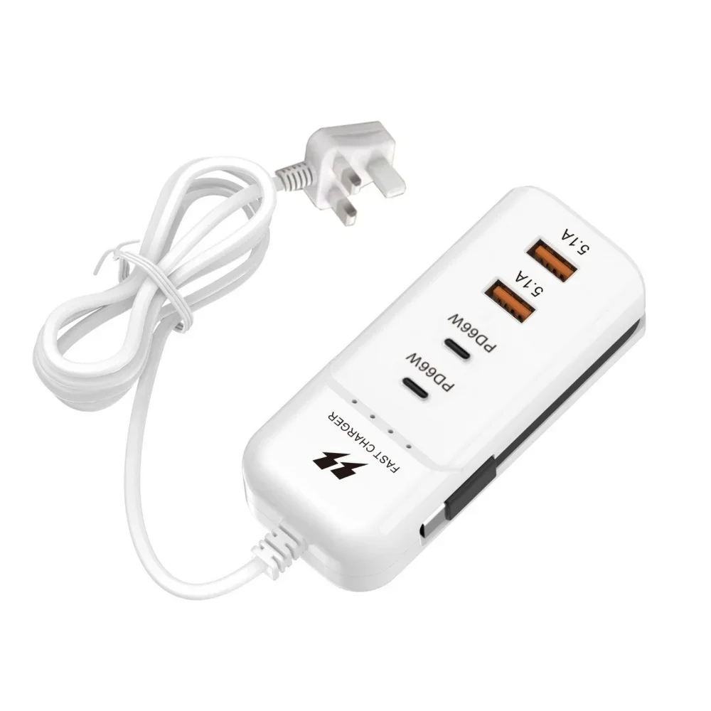 Cargadores USB de pared de carga r&aacute;pida PD de 66W, adaptador de concentrador USB, 4 puertos USB tipo C, enchufe de extensi&oacute;n para UE, EE. UU., Reino Unido, Cable tipo C