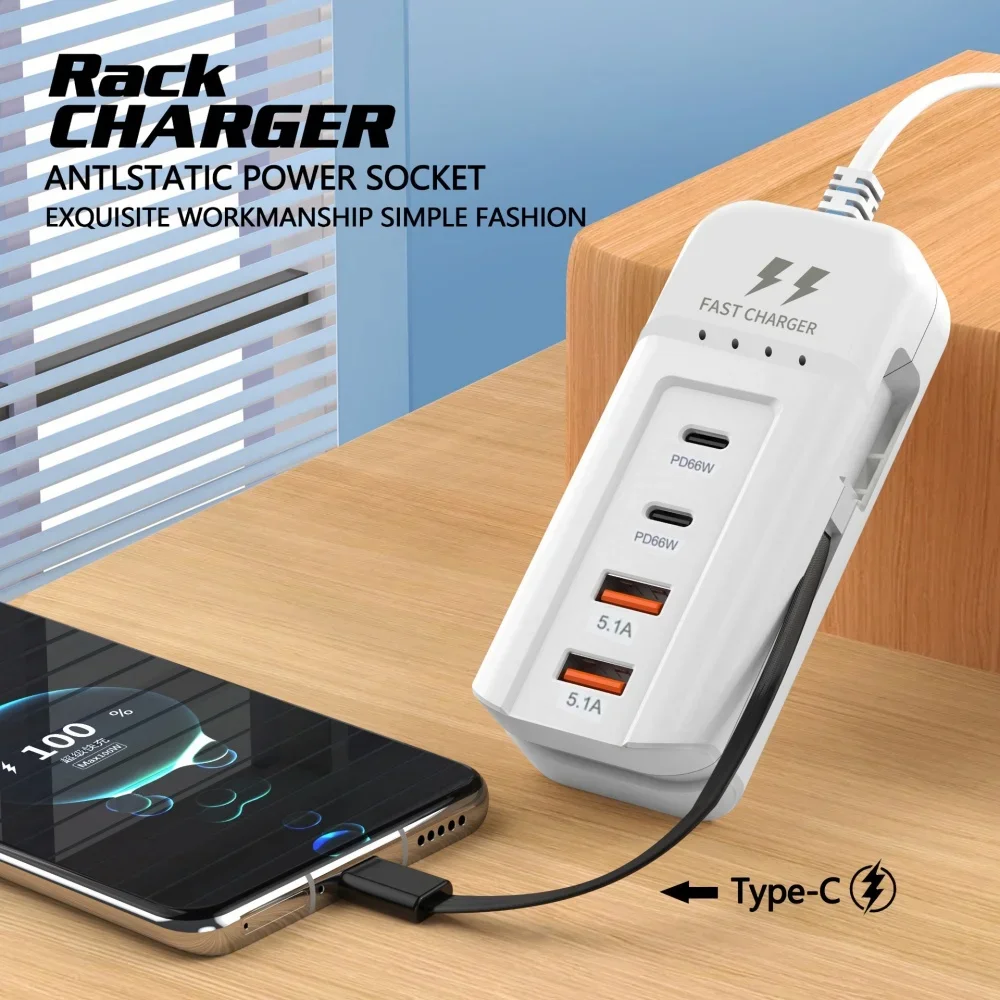 Cargadores USB de pared de carga r&aacute;pida PD de 66W, adaptador de concentrador USB, 4 puertos USB tipo C, enchufe de extensi&oacute;n para UE, EE. UU., Reino Unido, Cable tipo C