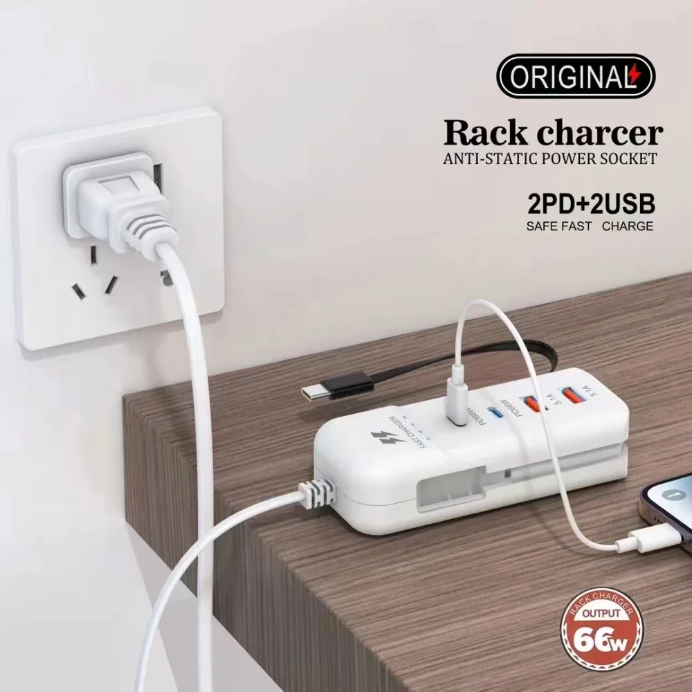 Cargadores USB de pared de carga r&aacute;pida PD de 66W, adaptador de concentrador USB, 4 puertos USB tipo C, enchufe de extensi&oacute;n para UE, EE. UU., Reino Unido, Cable tipo C