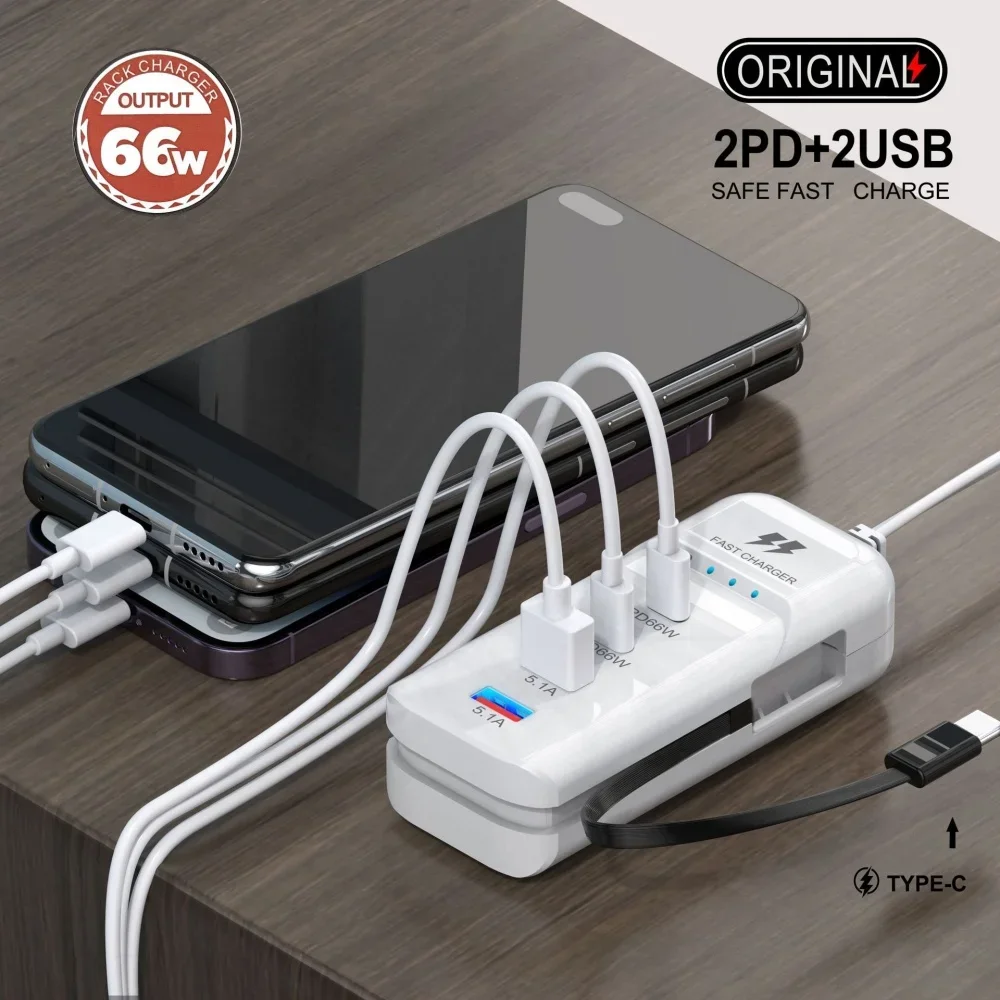 Cargadores USB de pared de carga r&aacute;pida PD de 66W, adaptador de concentrador USB, 4 puertos USB tipo C, enchufe de extensi&oacute;n para UE, EE. UU., Reino Unido, Cable tipo C