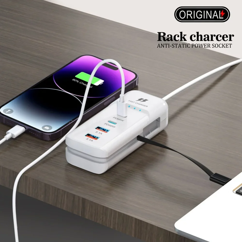 Cargadores USB de pared de carga r&aacute;pida PD de 66W, adaptador de concentrador USB, 4 puertos USB tipo C, enchufe de extensi&oacute;n para UE, EE. UU., Reino Unido, Cable tipo C