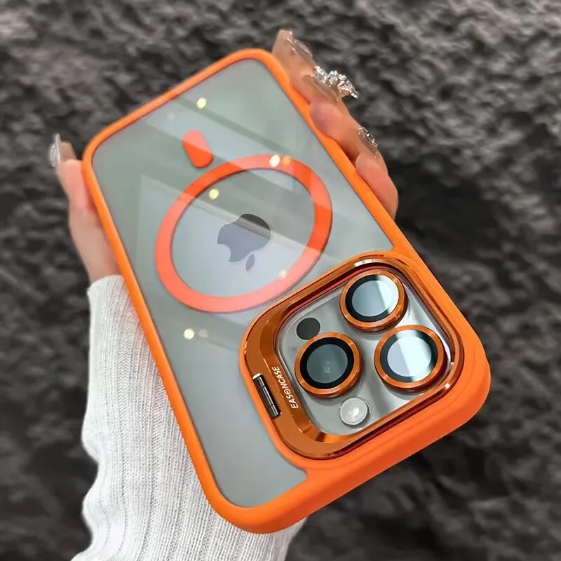 Funda de tel&eacute;fono magn&eacute;tica de lujo a prueba de golpes para iPhone 16 15 14 13 12 11 Pro Max Plus Pro Funda con soporte de protecci&oacute;n de lente de vidrio contraportada