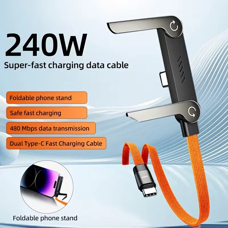 Cable USB C a Tipo-C de &Aacute;ngulo Recto, 240W, Carga R&aacute;pida, Cable de Datos con Soporte Integrado para Tel&eacute;fono, para iPhone, Samsung, Xiaomi