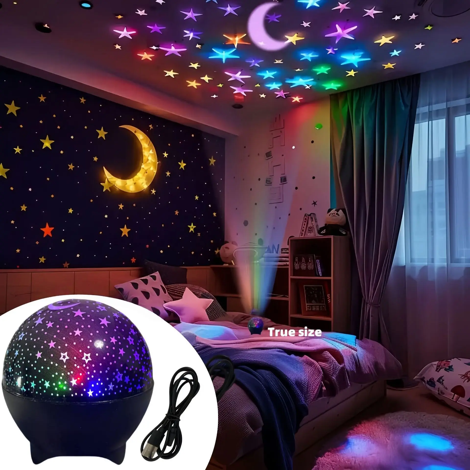 Luz Nocturna LED, Proyector de Cielo Estrellado, Galaxia y Luna, Cambio Autom&aacute;tico de Color, USB 5V RGB, Luz Ambiental para Habitaci&oacute;n Infantil, Fiesta de Cumplea&ntilde;os