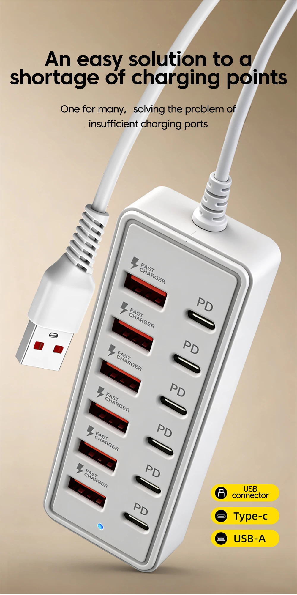 Estaci&oacute;n de carga USB 12 en 1, 6 puertos USB-A, 6 puertos USB-C, cargador r&aacute;pido, adaptador de enchufe con m&uacute;ltiples puertos y cable HUB para el hogar y la oficina.