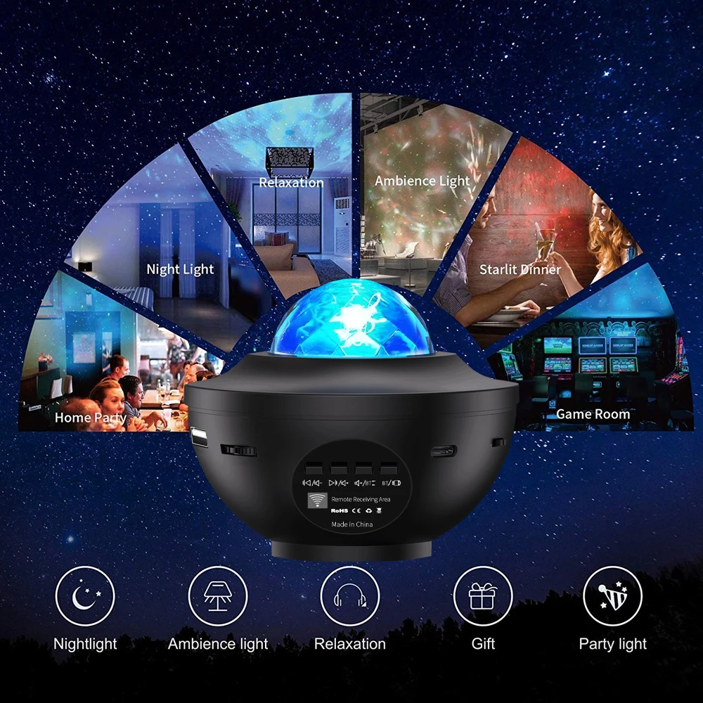 Proyector LED de cielo estrellado y galaxia, luz nocturna, reproductor de m&uacute;sica BT, control remoto, enchufe USB, luz ambiental de olas oce&aacute;nicas, regalo de cumplea&ntilde;os para ni&ntilde;os