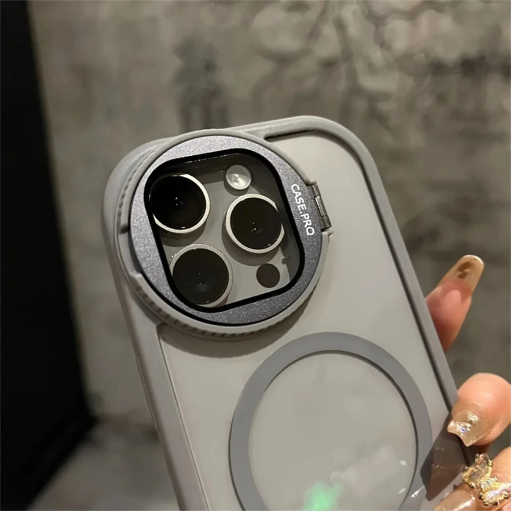 Soporte plegable con protecci&oacute;n para lente de c&aacute;mara, compatible con fundas magn&eacute;ticas MagSafe para iPhone 15, 11, 12, 13, 14, 16, 17 Pro Max Plus, cubierta transparente