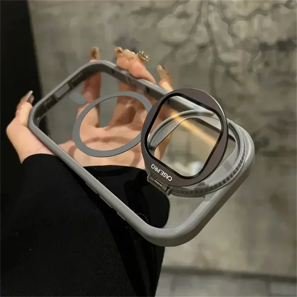 Soporte plegable con protecci&oacute;n para lente de c&aacute;mara, compatible con fundas magn&eacute;ticas MagSafe para iPhone 15, 11, 12, 13, 14, 16, 17 Pro Max Plus, cubierta transparente